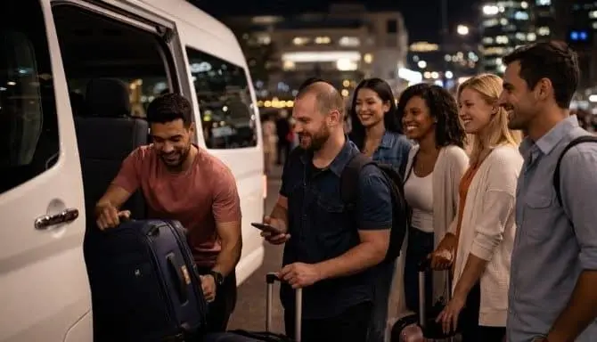 Melbourne Maxi Ride driver helping a passenger load luggage into the taxi van at night